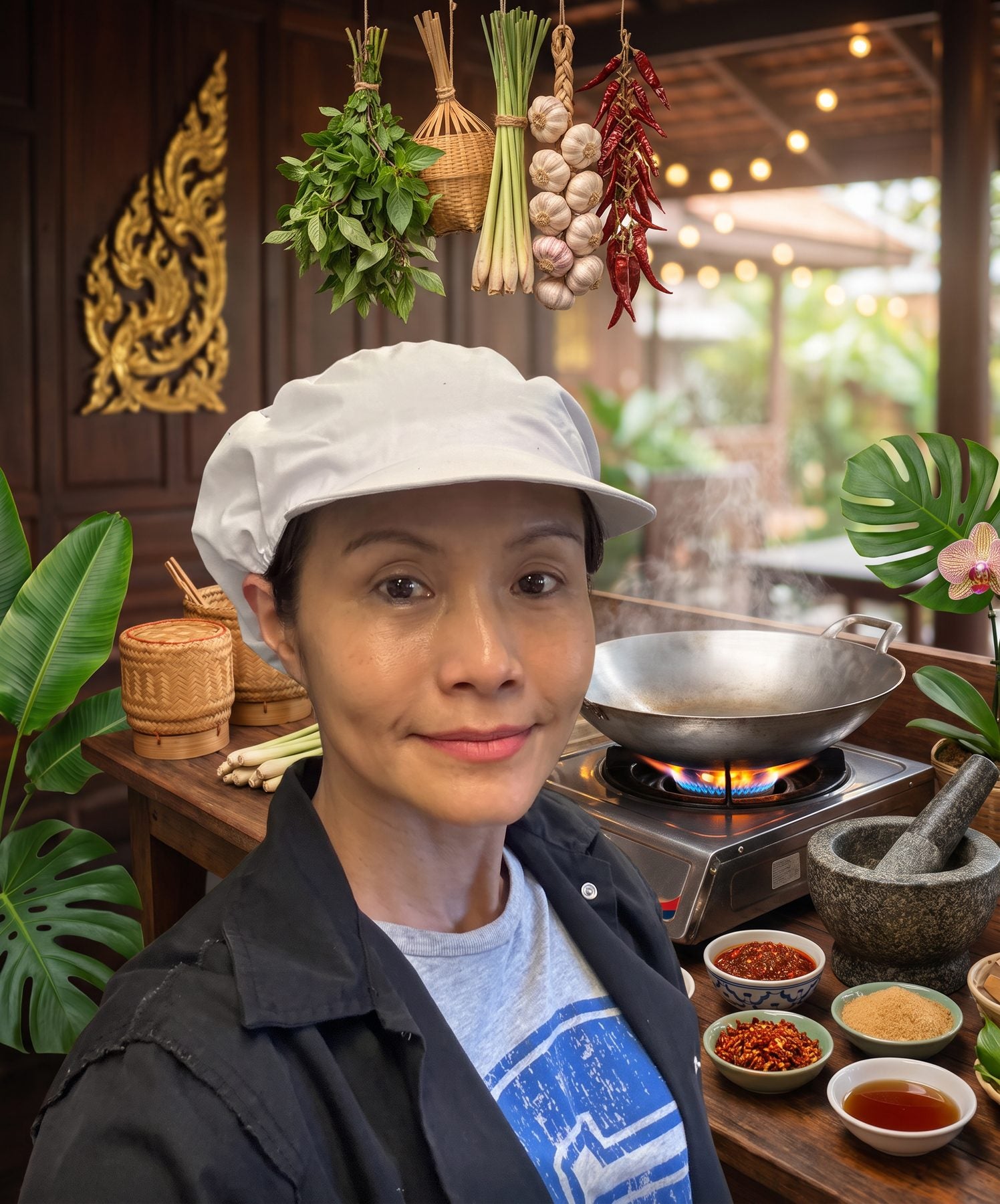 Chef Jang in a Thai kitchen surrounded by fresh herbs and a wok