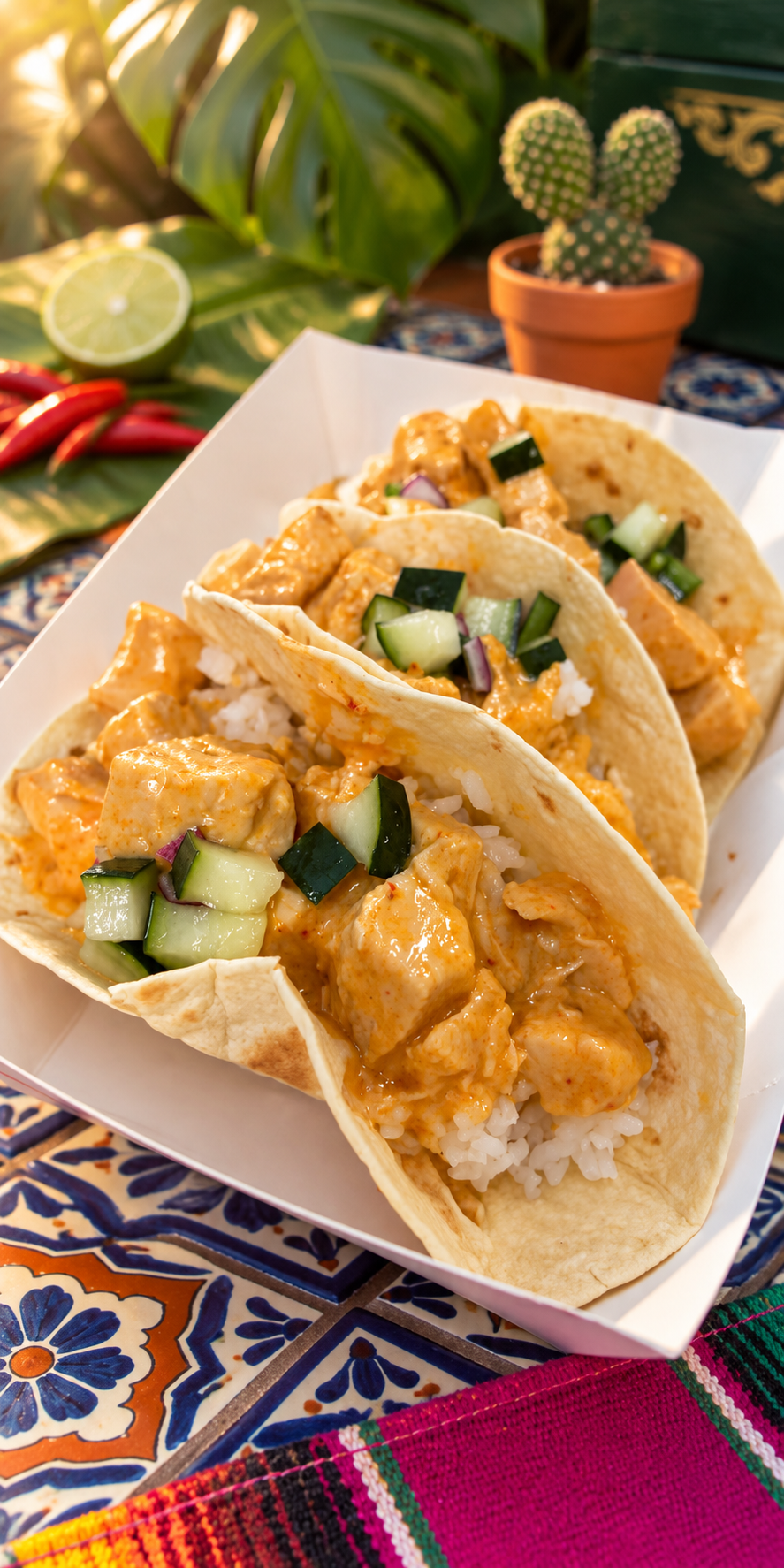 Thai Loco GoGo curry tacos on a colorful tiled table